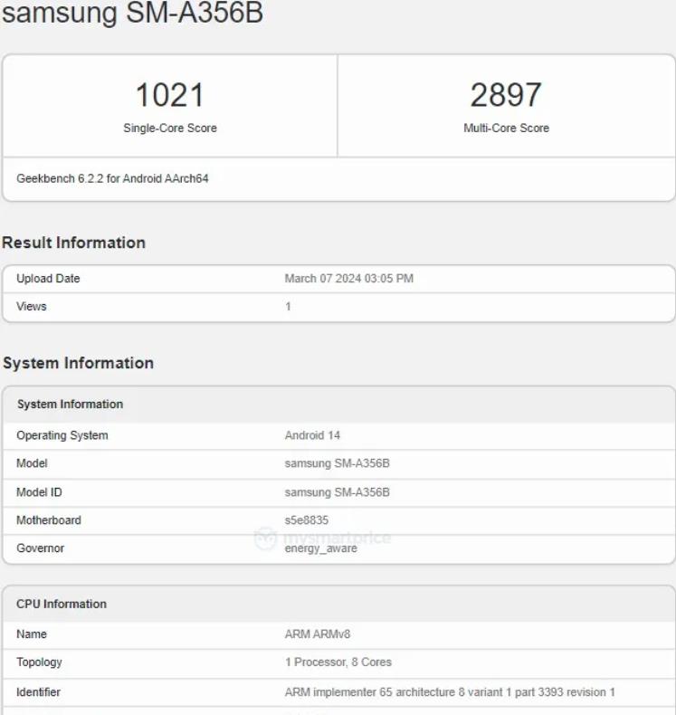 三星Galaxy A35 5G全球機(jī)型現(xiàn)身Geekbench 帶有6GB RAM(圖1)